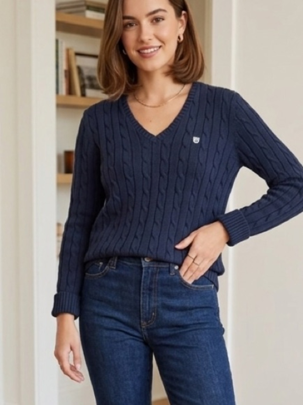 Chaps cable knit Dark Blue Cotton Sweater v-neck long sleeve Large preppy‎ y2k